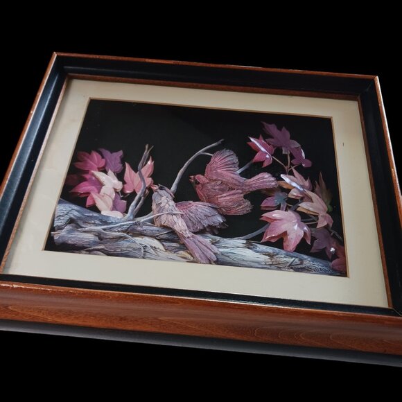 Vintage MCM Feather Art Shadow Box  3D Art Pastel Birds Artisan Handcrafted - Picture 14 of 15